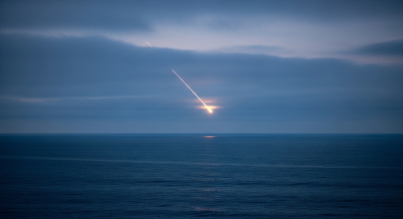 A missile trajectory streaks across the twilight sky toward the Pacific Ocean following a Chinese ICBM test that has raised regional security concerns.