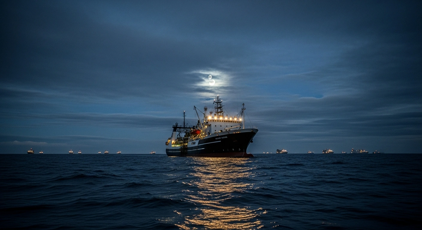 A colossal, industrial distant-water fishing trawler, part of a vast fleet, dominates a turbulent, moonlit ocean under a bruised twilight sky, symbolizing China's alleged illegal, unreported, and unregulated (IUU) fishing practices and resource stripping.