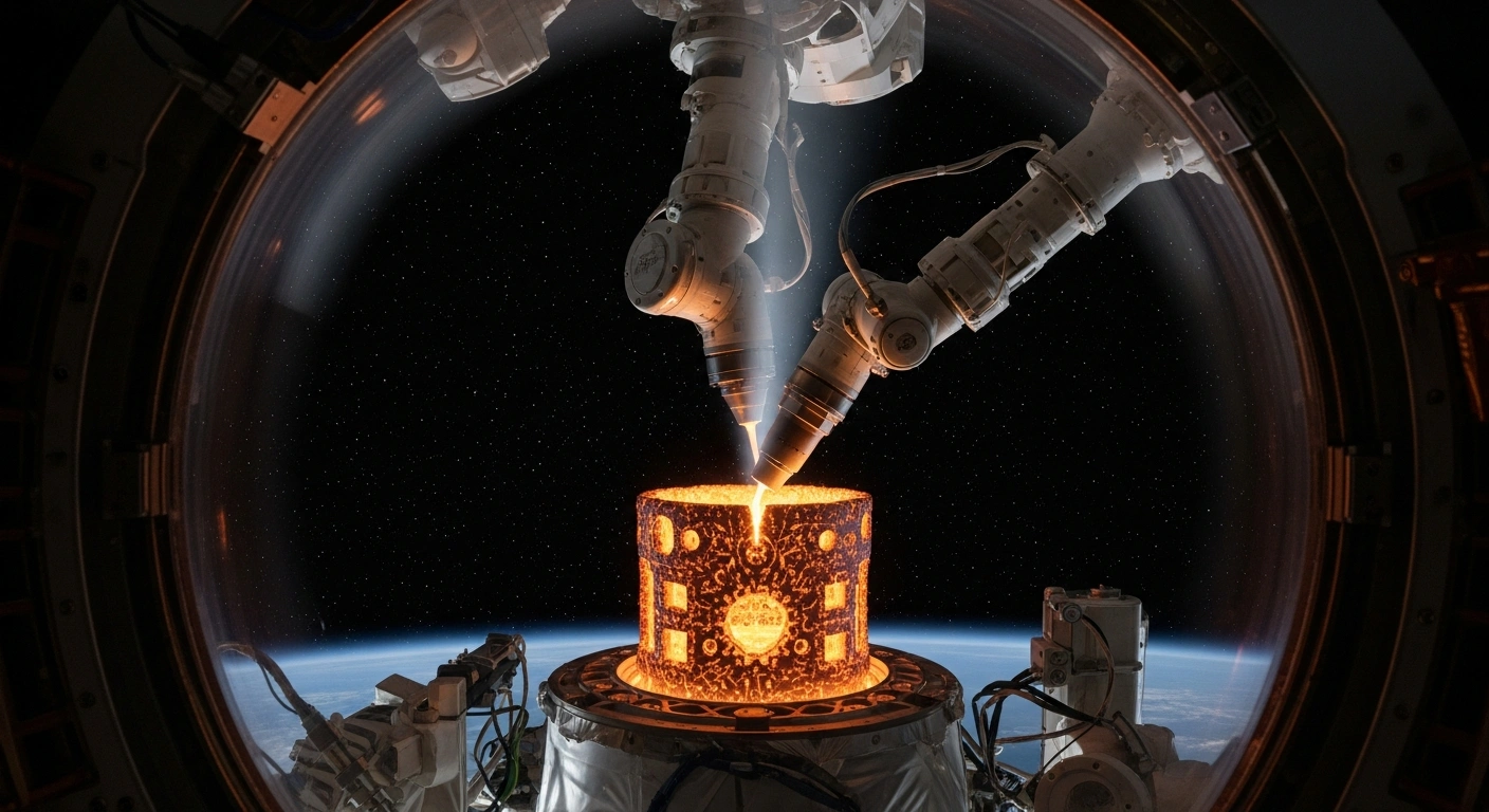 A robotic arm precisely extrudes molten metal within a transparent, glowing chamber, performing China's inaugural in-orbit metal 3D printing experiment aboard the Lihong-1 Y1 suborbital vehicle, set against the backdrop of deep space and distant stars.