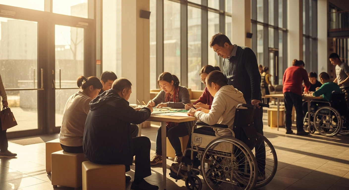 A diverse group of citizens including people with disabilities participate in inclusive community activities as part of a Chinese social security and public services development plan.