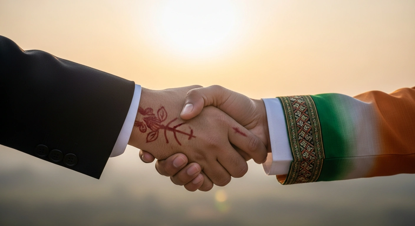 A close-up shot of two hands, one symbolizing China and the other India, clasped firmly in a gesture of friendship and cooperation, set against a softly blurred, sun-drenched landscape suggesting global harmony, representing Chinese President Xi Jinping's greetings to India for its Republic Day and emphasis on stable bilateral ties.