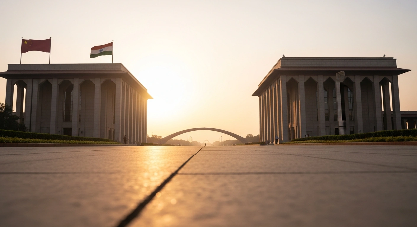 A conceptual image representing the diplomatic cooperation and positive bilateral relations between China and India at sunrise.