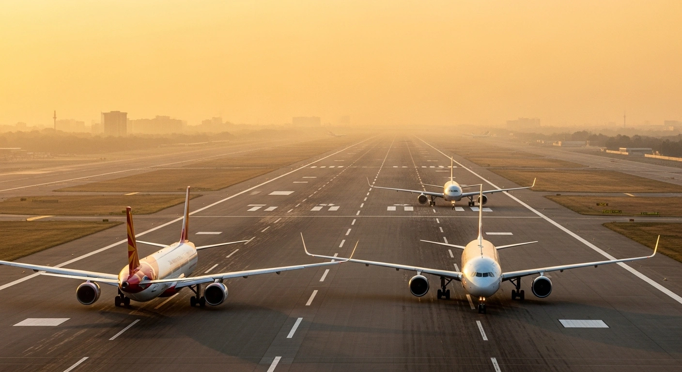 Two commercial airliners, one with Indian livery and one with Chinese livery, taxi on parallel runways at dawn, symbolizing the restart of direct flights and cautious normalization of relations between China and India.