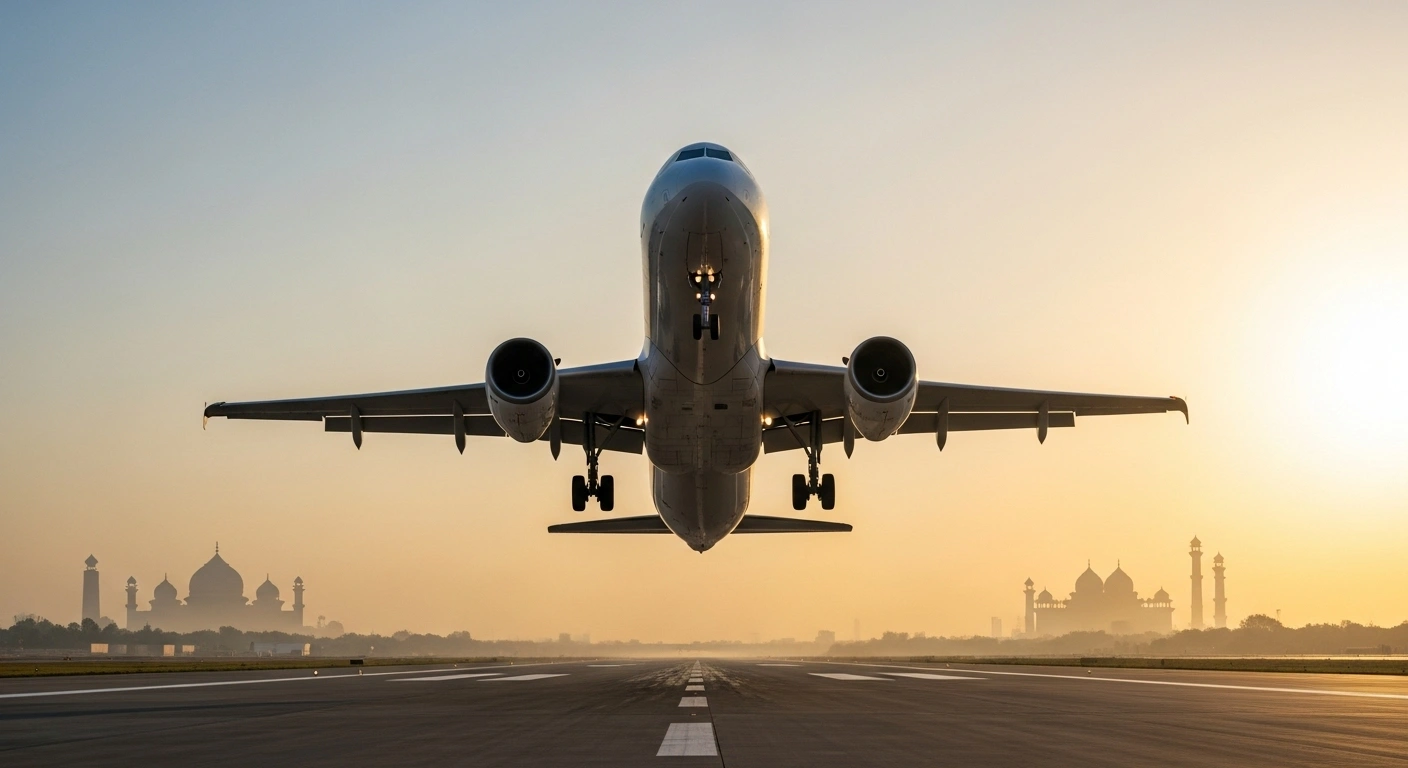 A modern passenger jet is captured in a wide, low-angle shot, taking off against a warm sunrise, with blurred silhouettes of Chinese and Indian architecture in the background, symbolizing the resumption of direct flights between China and India and cautious normalization of relations for trade and tourism.