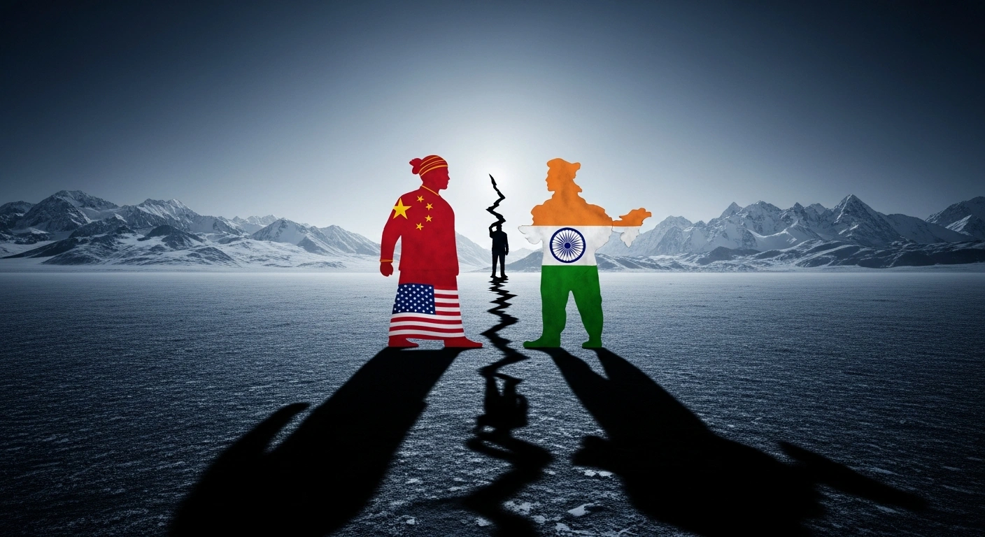 A stylized visual representation of two national figures, symbolizing China and India, standing on a desolate, snow-capped mountain border, with a shadowy third figure, representing the U.S., observing from the distant background, illustrating the bilateral border dispute and external attempts to influence China-India relations.
