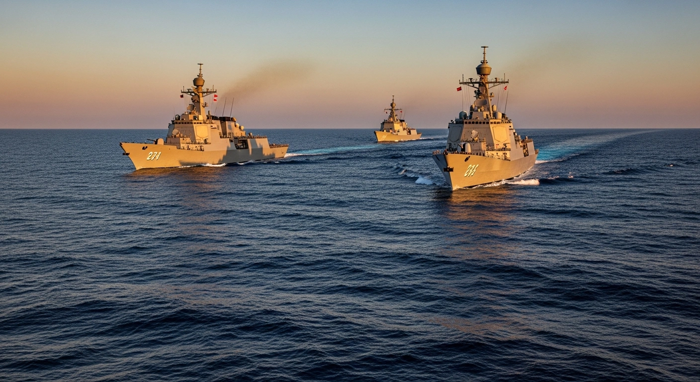 Chinese and Indonesian naval destroyers sail in formation during a joint maritime security exercise in the Pacific Ocean.