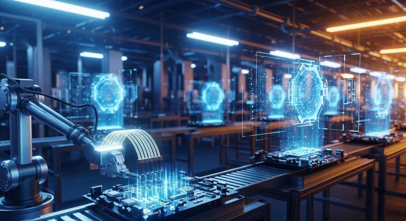 A high-tech robotic arm works on an automated assembly line in a modern factory to represent China's integration of artificial intelligence into industrial sectors.