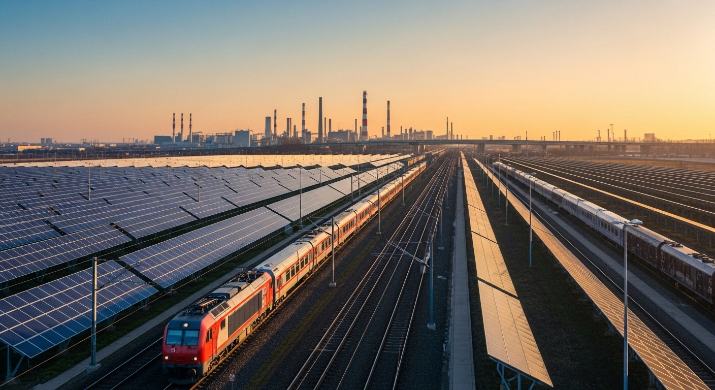 A modern industrial landscape in China features solar panels and a freight train to represent the implementation of new national efficiency and safety standards.