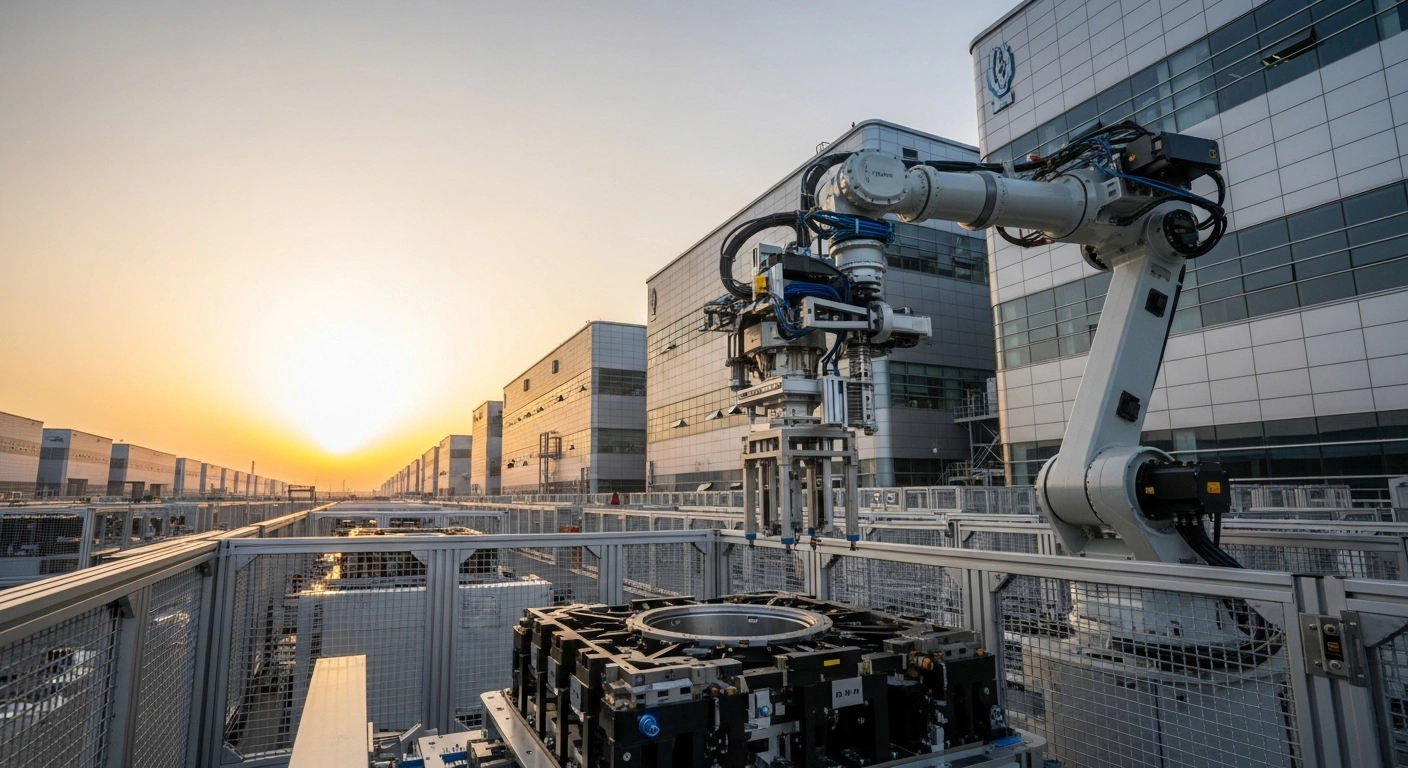A wide shot of a modern Chinese industrial complex at dawn, featuring a robotic arm precisely assembling a component, symbolizing the growth in high-tech and equipment manufacturing sectors that contributed to China's industrial profit increase.