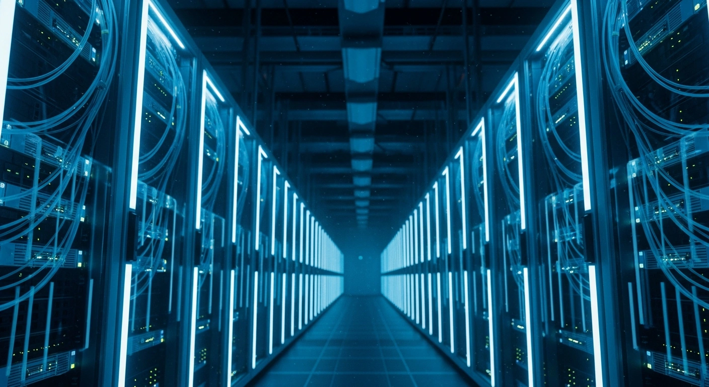 A vast, modern data center in China features rows of illuminated server racks representing the nation's massive intelligent computing capacity.