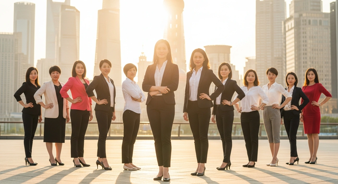 A diverse group of professional Chinese women stands together in a city plaza to celebrate International Women's Day and their contributions to society.