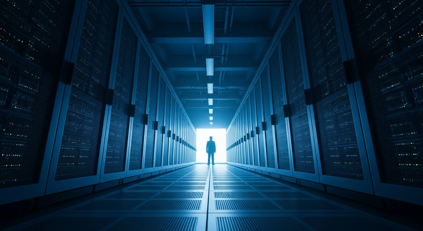 A vast, sterile data center with blue-lit server racks and a silhouetted figure overseeing the digital expanse, symbolizing China's efforts to strengthen internet governance and ensure national security through a crackdown on online misconduct.