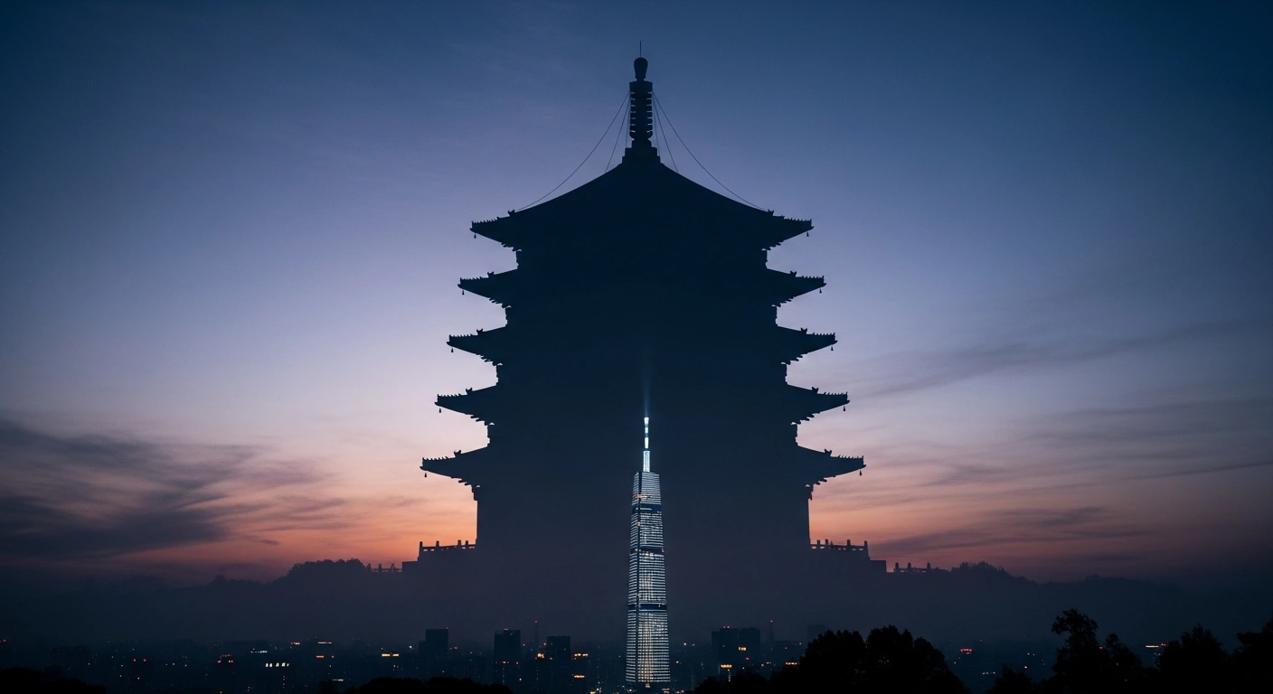 An imposing, ancient-style pagoda, symbolizing China, casts a long, ominous shadow over a modern, subtly glowing skyscraper, representing Japan, under a dramatic twilight sky, illustrating heightened diplomatic tensions and concerns over defense policies and nuclear ambitions.