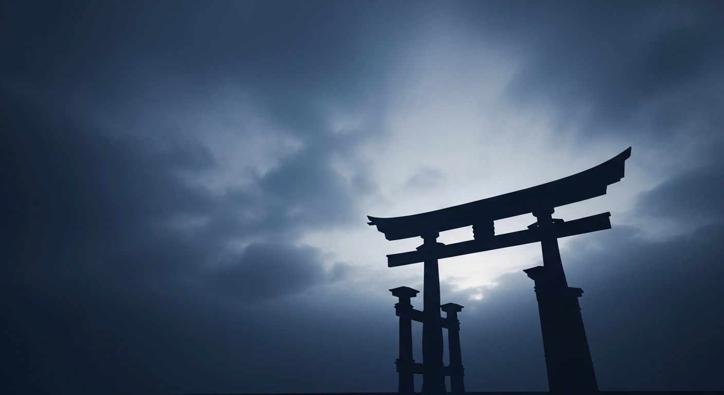A wide, low-angle shot capturing the silhouette of a traditional Japanese torii gate against a turbulent, bruised twilight sky, with an empty foreground, symbolizing the escalating diplomatic dispute between China and Japan over potential military responses to a Taiwan conflict.