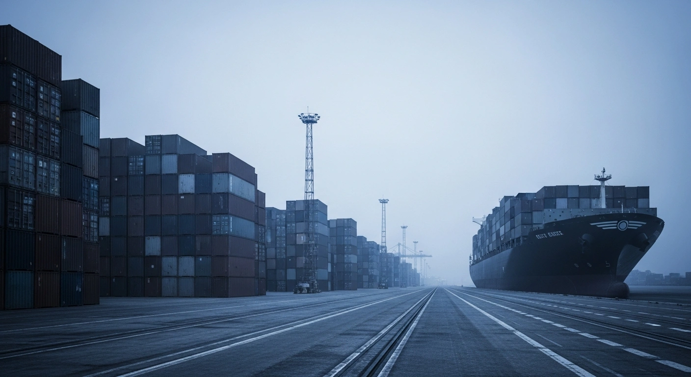 A desolate shipping port at twilight features towering stacks of empty, weathered shipping containers and a large, dark cargo ship slowly turning away from the docks, visually representing the immediate ban on dual-use goods exports from China to Japan and escalating bilateral tensions over the Taiwan Strait.