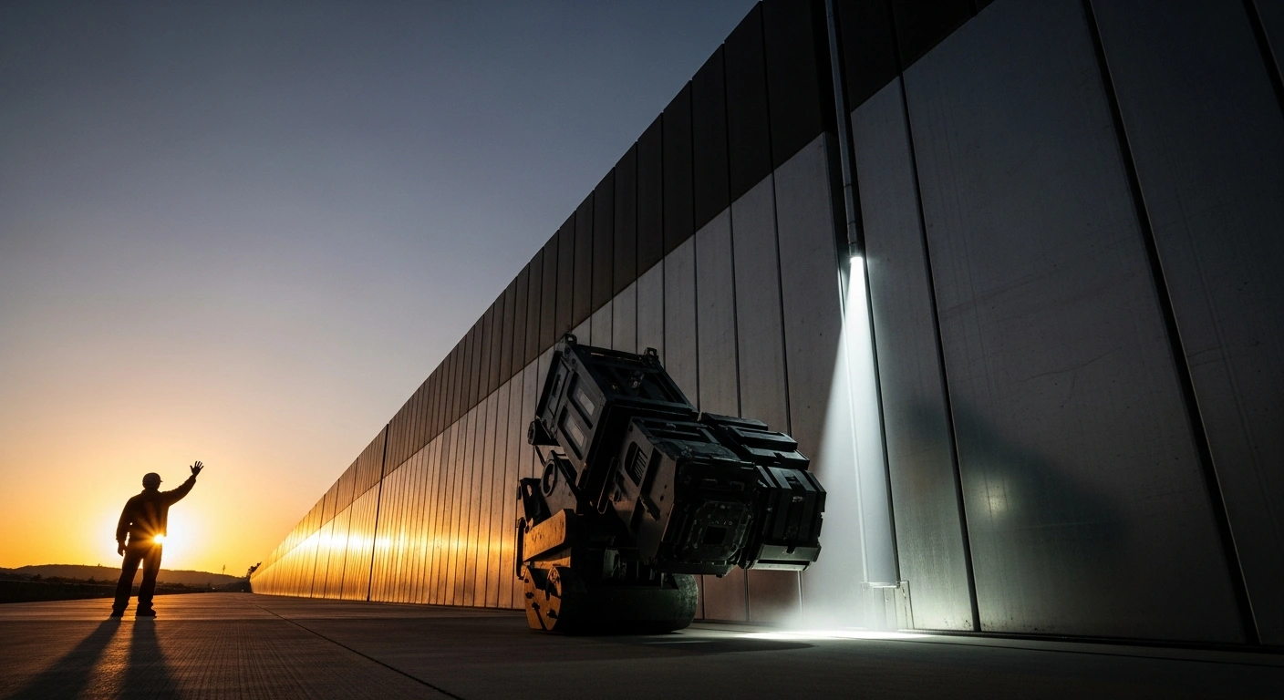 An imposing dark steel structure, representing China's new export controls, casts a stark white light on a complex, halted dual-use machine, as a silhouetted figure symbolizing Japan stands in protest, reflecting Japan's formal objection to the measures impacting its military capabilities and national security.