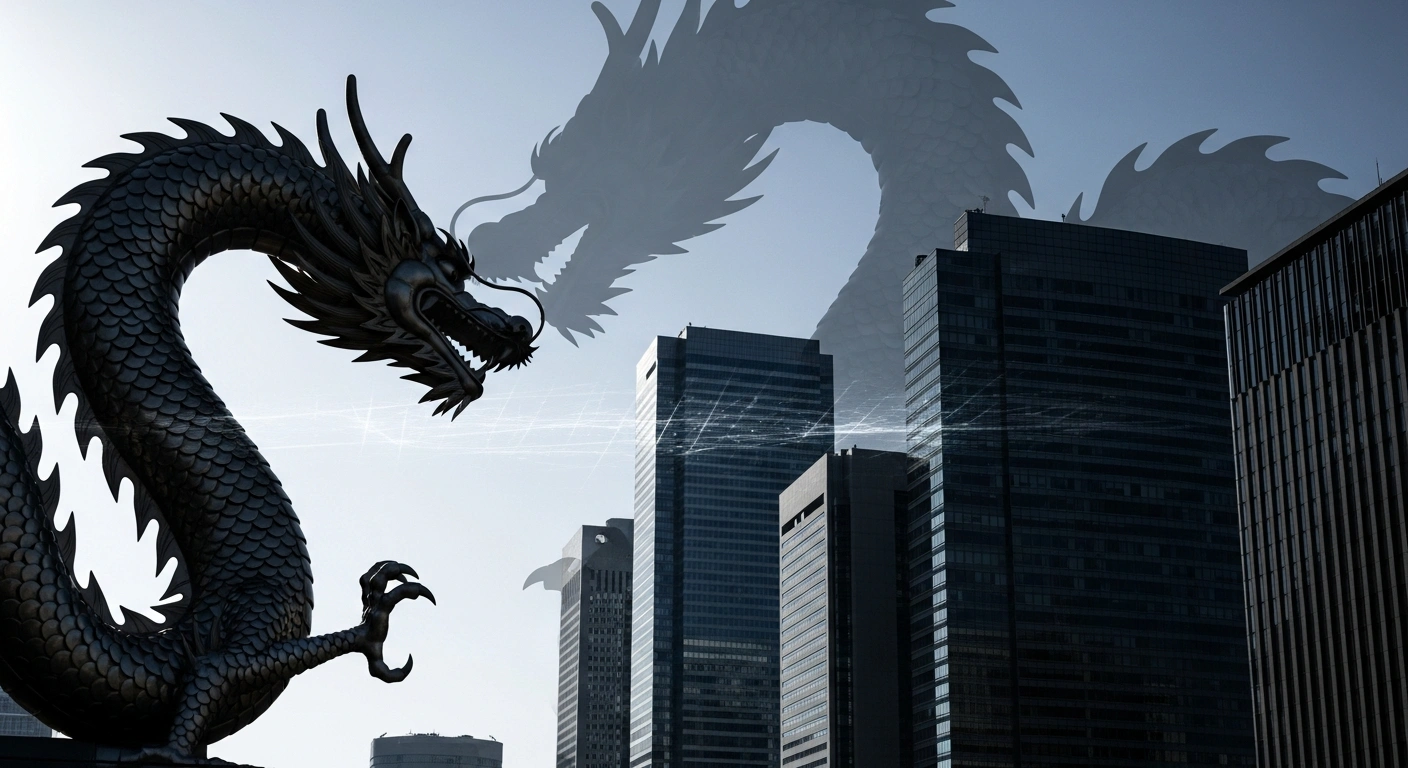 A stylized metallic dragon, representing China, casts a long shadow over modern Japanese corporate skyscrapers, symbolizing the new export controls and escalating dispute between the two nations over national security and Taiwan.