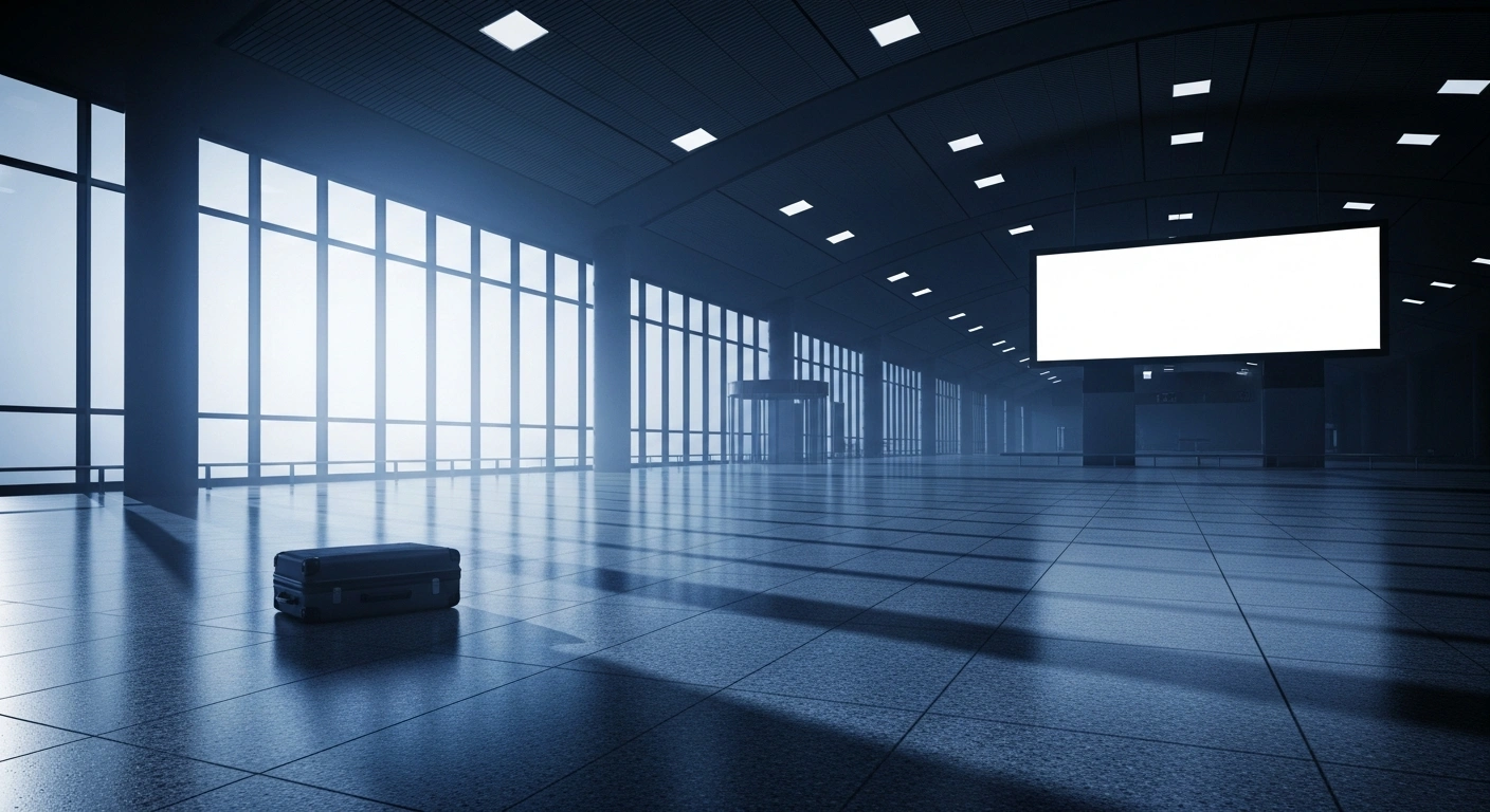 A wide shot of an empty, cold-lit airport terminal at dawn, featuring an abandoned suitcase in the foreground and a large, dark, unlit departure board in the background, symbolizing the cancellation of over 1,900 flights between China and Japan due to a political dispute over Taiwan.