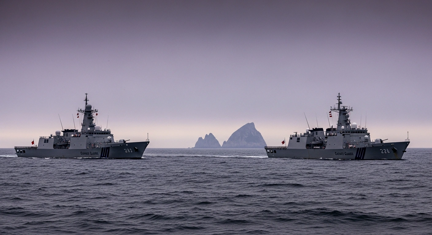 Two grey coast guard vessels, one Chinese and one Japanese, face each other in a tense standoff on choppy dark waters near a mist-shrouded, craggy island, symbolizing escalating territorial disputes and regional security concerns between China and Japan over the Senkaku/Diaoyu Islands.