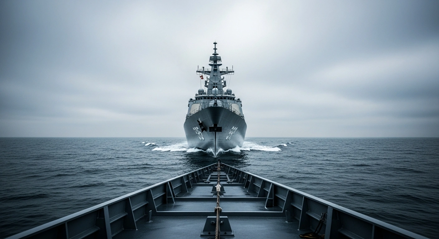 A modern naval destroyer patrols the turbulent waters of the East China Sea as tensions rise between China and Japan over regional security and military expansion.