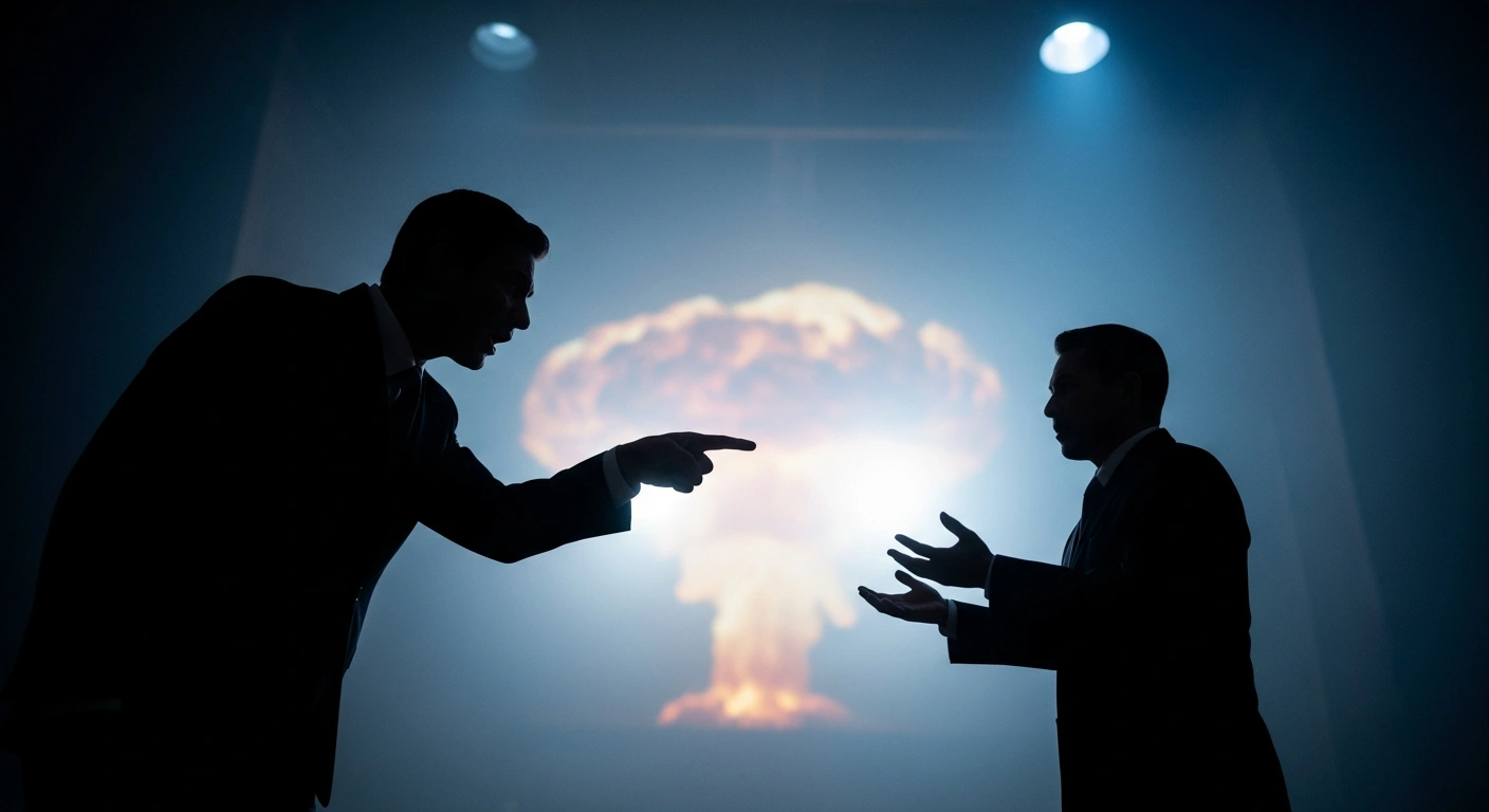 A dramatic, low-angle shot depicts two silhouetted figures representing China and Japan, with one larger figure pointing an accusatory finger at the smaller figure, who stands with open hands in denial, against a hazy background with a faint, abstract mushroom cloud outline, symbolizing the nuclear weapons dispute.