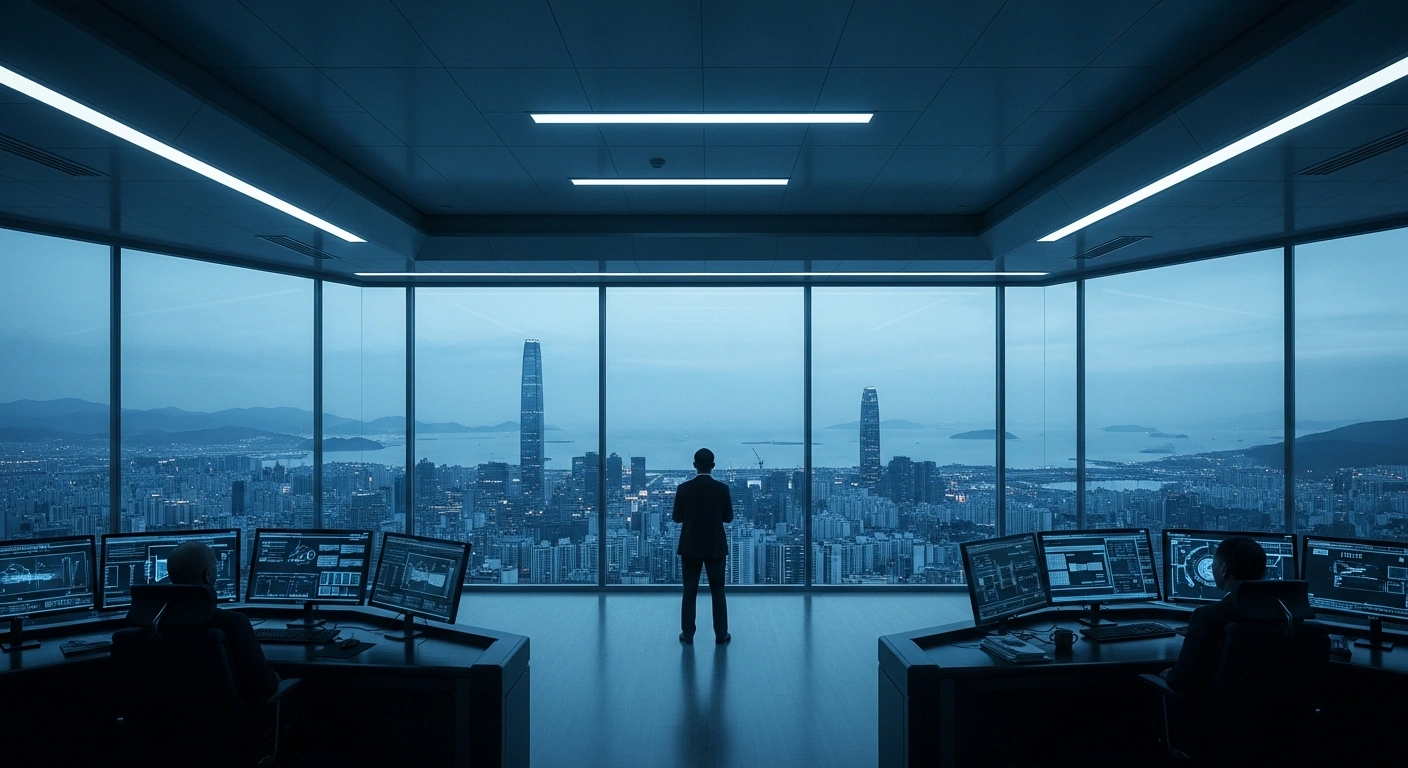 A silhouette of an official stands in a high-tech command center overlooking a city, representing the diplomatic tension between China and Japan over regional security and intelligence capabilities.