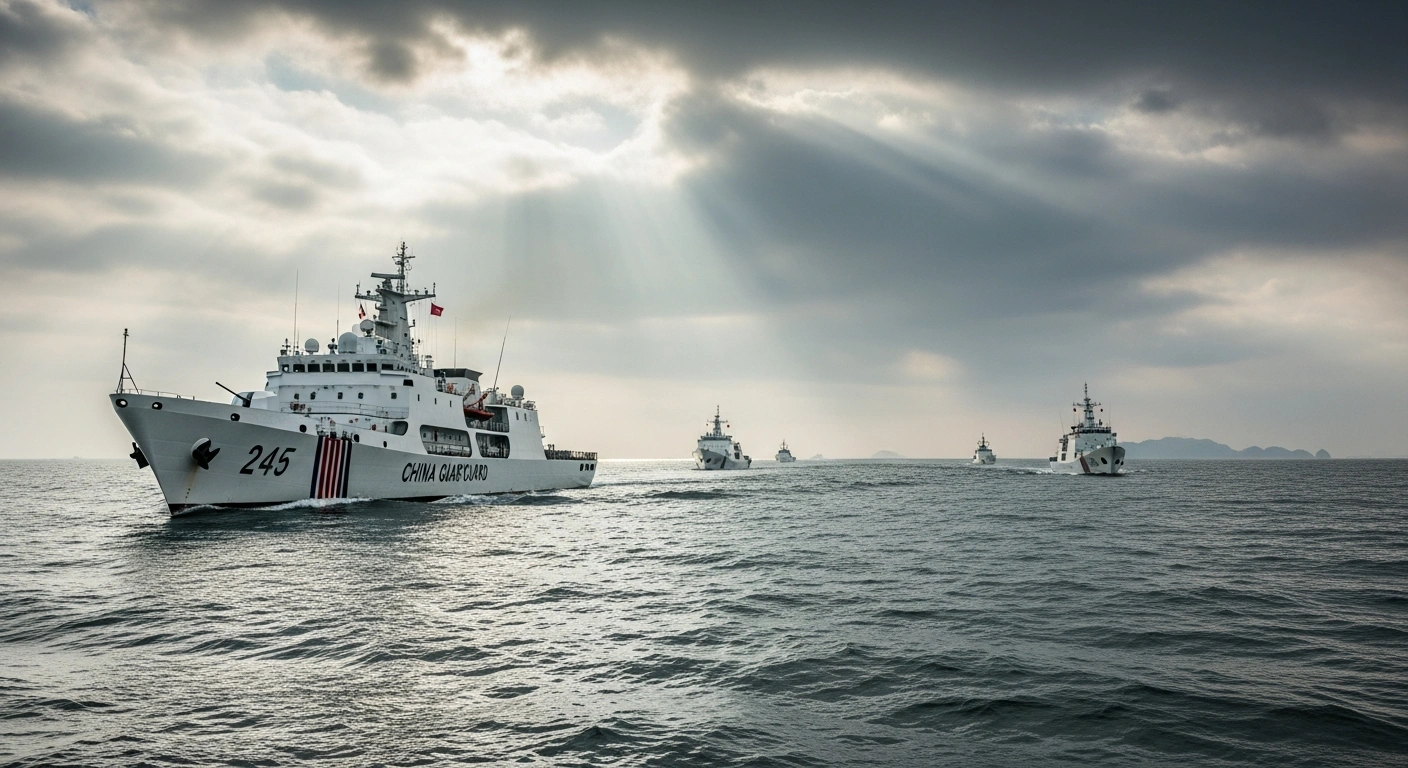 A wide, cinematic shot depicts a formation of three China Coast Guard vessels, including a prominent lead ship, navigating choppy, steel-grey waters under an overcast sky, representing a 'rights enforcement patrol' near the disputed Senkaku Islands amidst escalating diplomatic tensions.