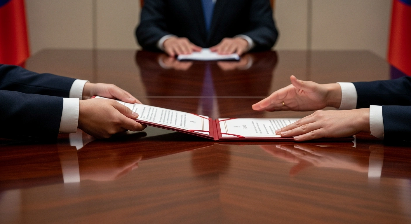 A formal diplomatic scene depicts a hand in a dark suit pushing a red-sealed protest document across a polished mahogany table towards another hand, symbolizing China's highest-level diplomatic protest to Japan regarding a meeting with Taiwan's presidential adviser during the APEC summit.