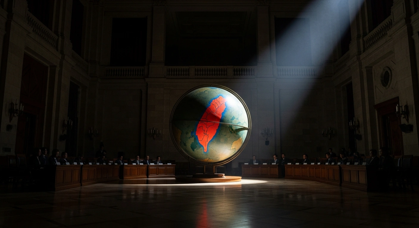 A dramatically lit, ancient-looking globe or stylized map, with a spotlight emphasizing the Taiwan Strait, is centrally composed in a grand, dimly lit hall, symbolizing the geopolitical tensions between China and Japan over Taiwan's sovereignty.