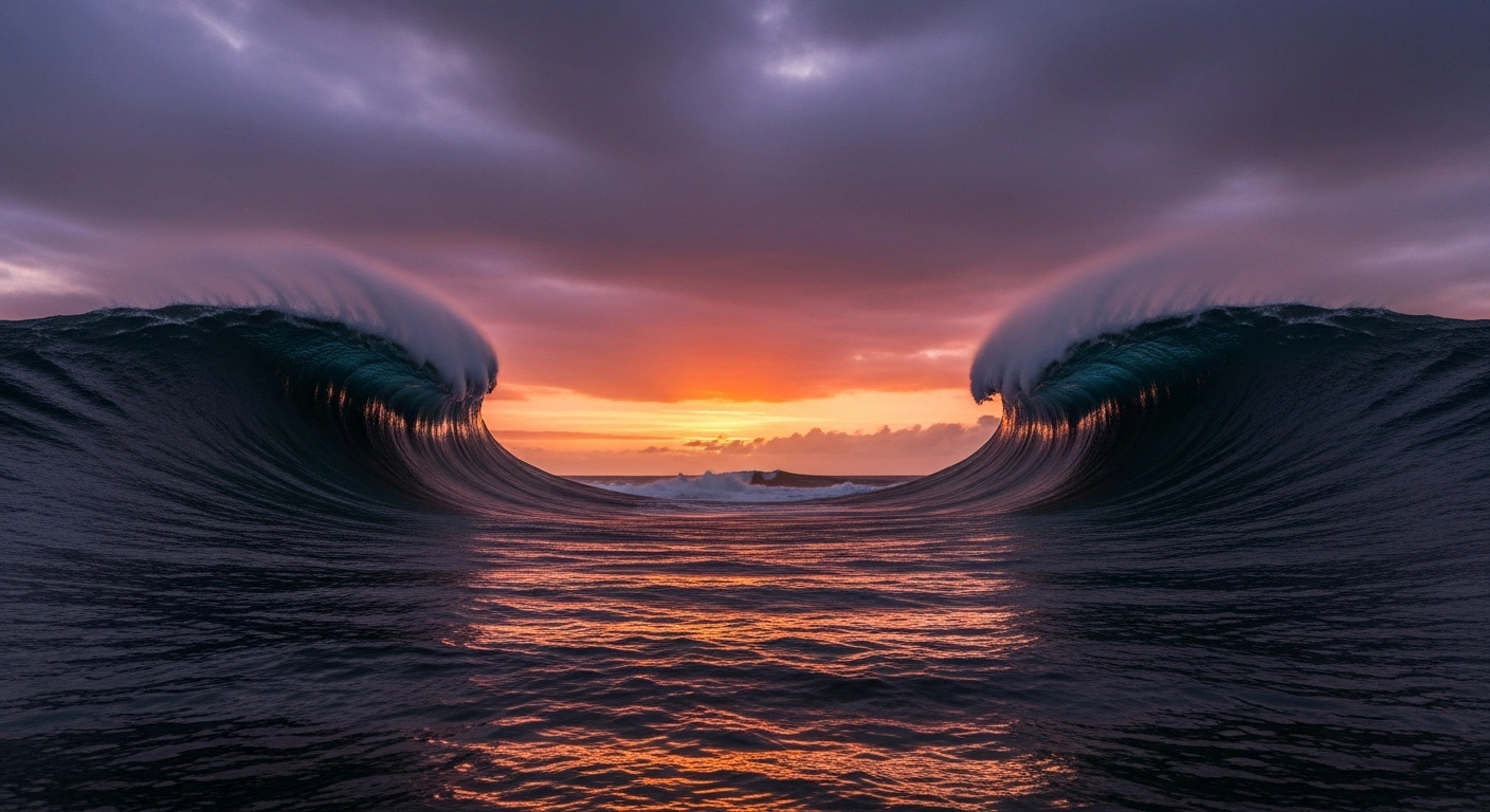 A dramatic, low-angle shot captures two colossal, dark ocean waves surging towards each other under a bruised dusk sky, with a small, calm patch of water precariously positioned between them, symbolizing the escalating geopolitical tensions between China and Japan regarding Taiwan's defense.
