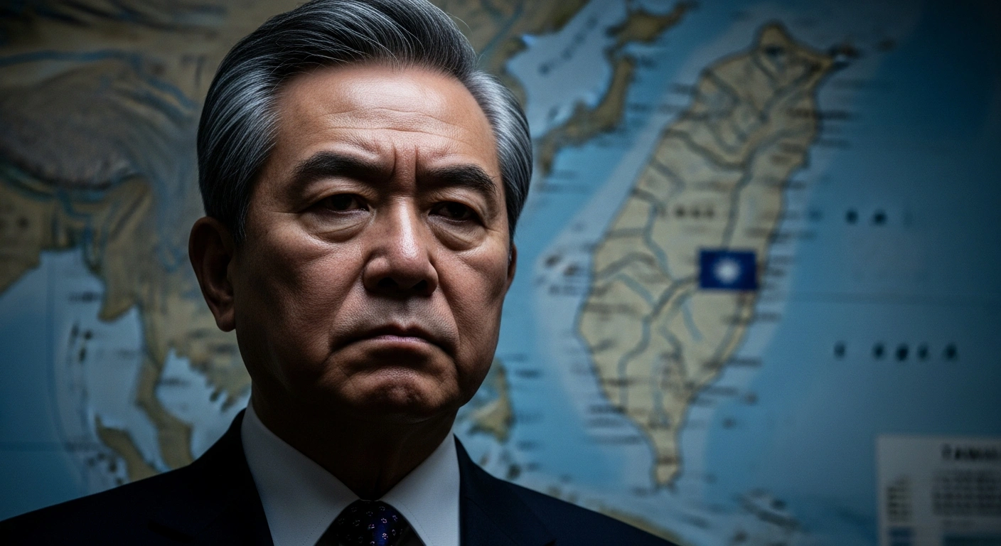 A stern-faced Chinese spokesperson, representing Beijing's Foreign Ministry, delivers a serious statement regarding Japan's adherence to peaceful foreign policy and bilateral commitments, with a subtly visible map highlighting the East China Sea and Taiwan in the background.