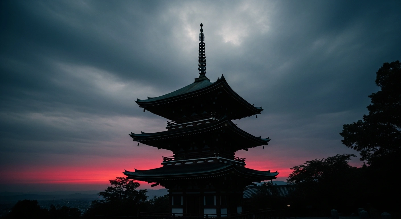 A silhouetted Japanese pagoda stands prominently against a turbulent, bruised twilight sky, with a subtle crimson glow emanating from the distant horizon, visually representing the heightened diplomatic tensions and perceived security risks between China and Japan concerning a Taiwan contingency.