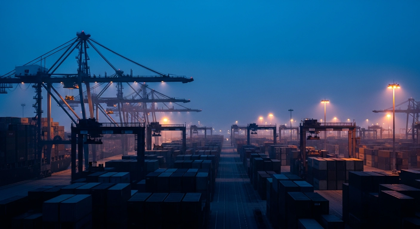 A large industrial shipping port at twilight represents the trade restrictions placed by China on Japanese entities regarding dual-use technologies.