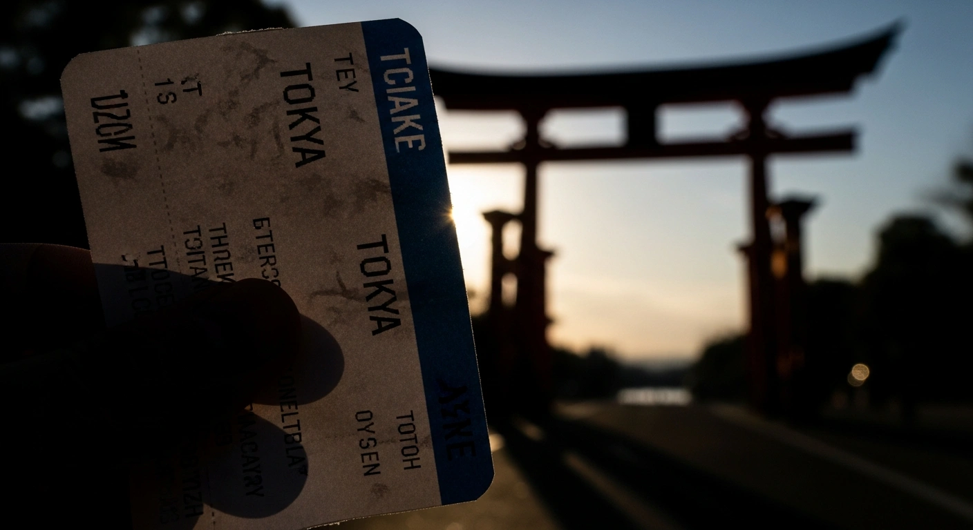 A close-up shot shows a crumpled airline ticket to Tokyo held in a hand, with a blurred Japanese torii gate in the background, symbolizing China's travel warning for Japan due to security risks and diplomatic tensions following remarks by Japanese Prime Minister Sanae Takaichi regarding Taiwan, prompting Chinese airlines to offer flight refunds.