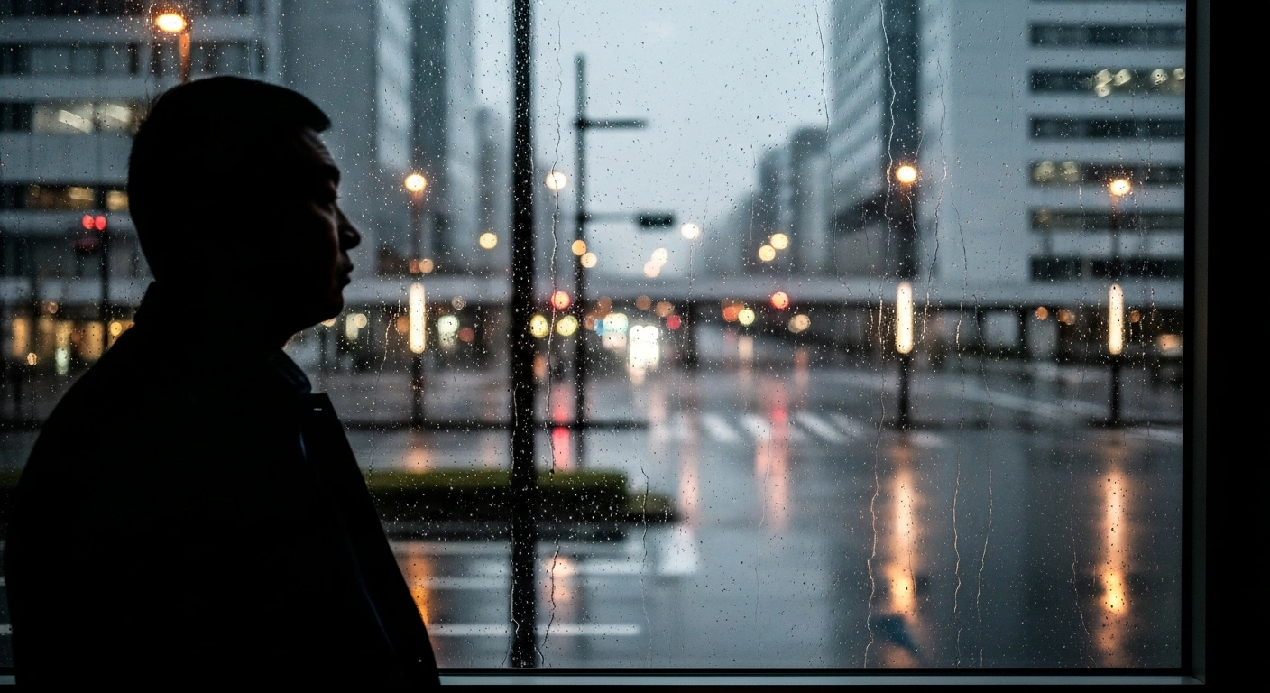 A lone Chinese traveler stands silhouetted against a rain-streaked window, looking out at a dimly lit, modern Japanese cityscape, conveying apprehension and isolation amidst a somber atmosphere, reflecting China's travel warning for Japan due to security, crime, and earthquake risks.