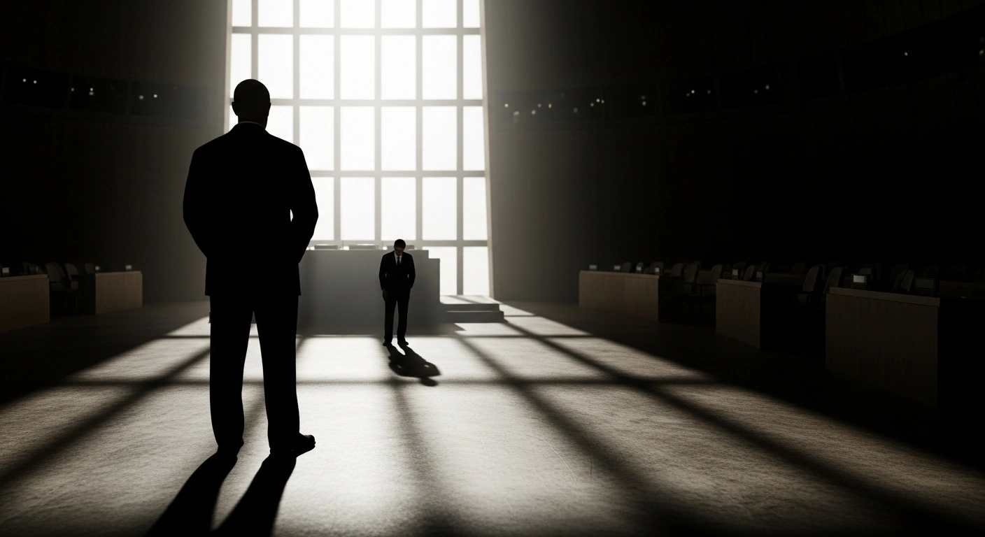 A powerful, silhouetted figure representing China stands in a grand, dimly lit diplomatic hall, casting a long shadow over a smaller, isolated figure representing Japan, symbolizing China's strong opposition to Japan's bid for a permanent UN Security Council seat due to unaddressed wartime history and recent remarks on Taiwan.