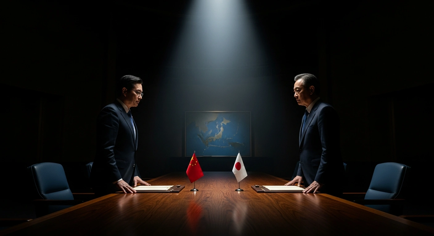 A dramatic, dimly lit scene depicts two stern-faced diplomats, one representing China and the other Japan, engaged in a tense standoff across a polished table in a grand hall, symbolizing the diplomatic row at the United Nations over Taiwan.