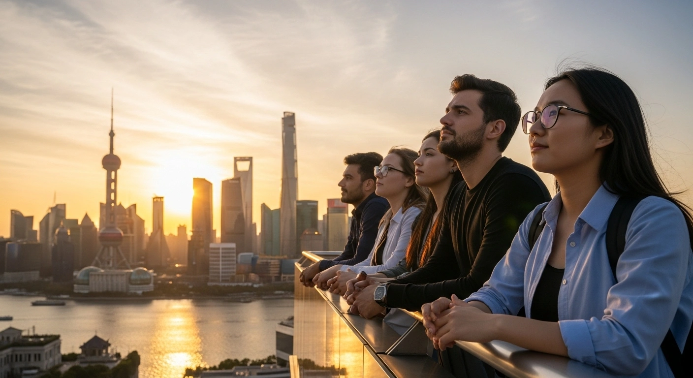 A diverse group of young science, technology, engineering, and mathematics (STEM) professionals stands on a modern platform, looking towards a futuristic Chinese cityscape at sunset, representing China's new K visa designed to attract foreign talent for easier entry and work authorization.