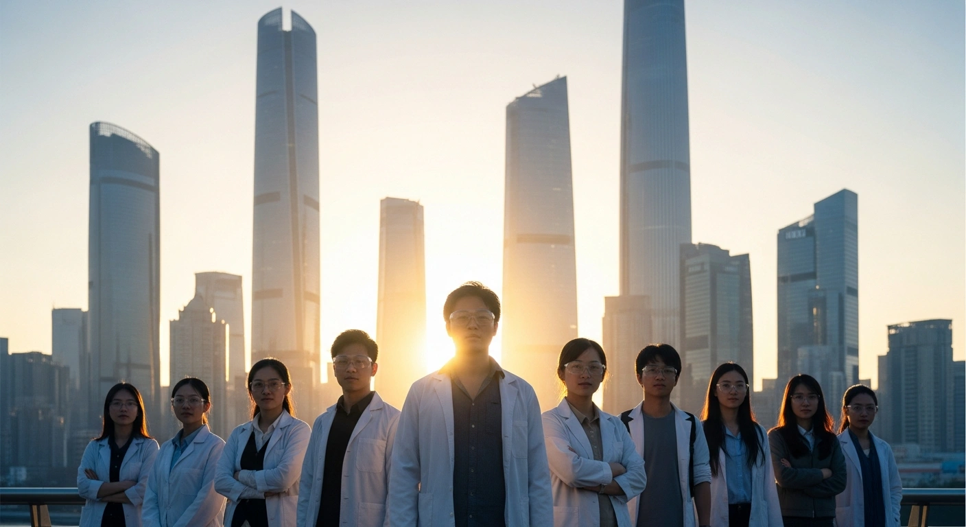 A diverse group of young science and technology professionals stands silhouetted against a futuristic Chinese cityscape at dawn, symbolizing China's K-visa program attracting global talent to bolster its high-tech industries.