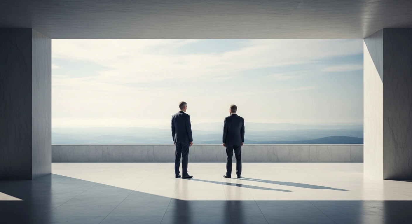 Two high-ranking officials stand on a balcony to discuss cross-Strait relations between the Communist Party of China and the Kuomintang leadership.