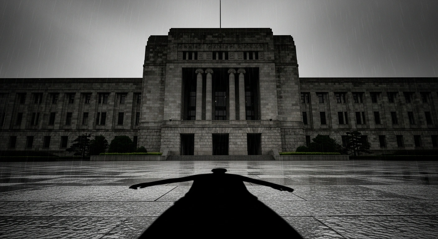 A low-angle photograph captures the imposing, weathered stone facade of a somber institutional building, like a courthouse, under a heavy, overcast sky with rain streaking down, symbolizing the grave consequences for a violent criminal gang involved in extensive fraud in Myanmar's Kokang region, as sentenced by China's Shenzhen Intermediate People's Court.