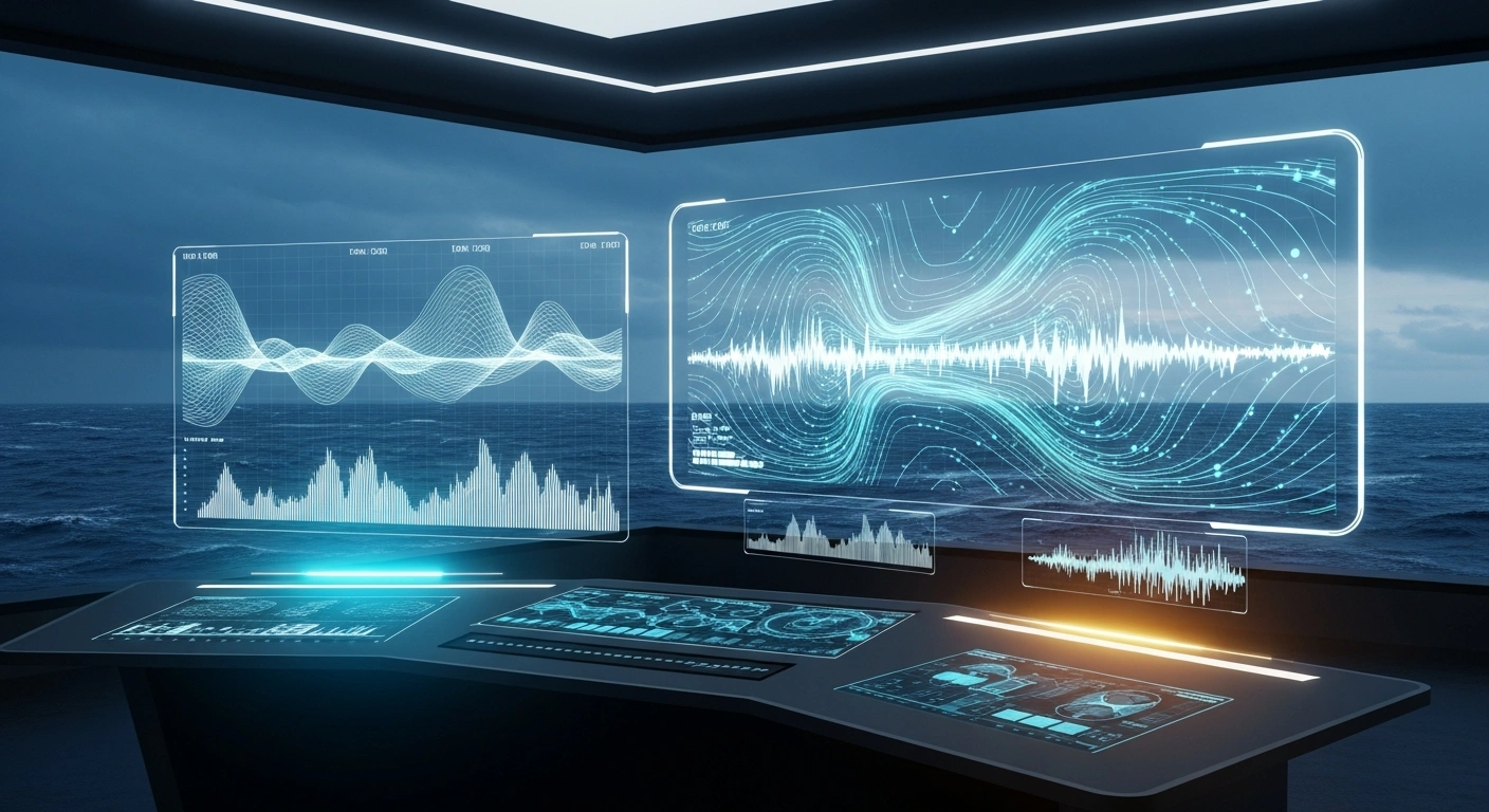 A high-tech control room displays advanced holographic oceanographic data and wave patterns to monitor marine conditions for the LangYa 2.0 AI model.