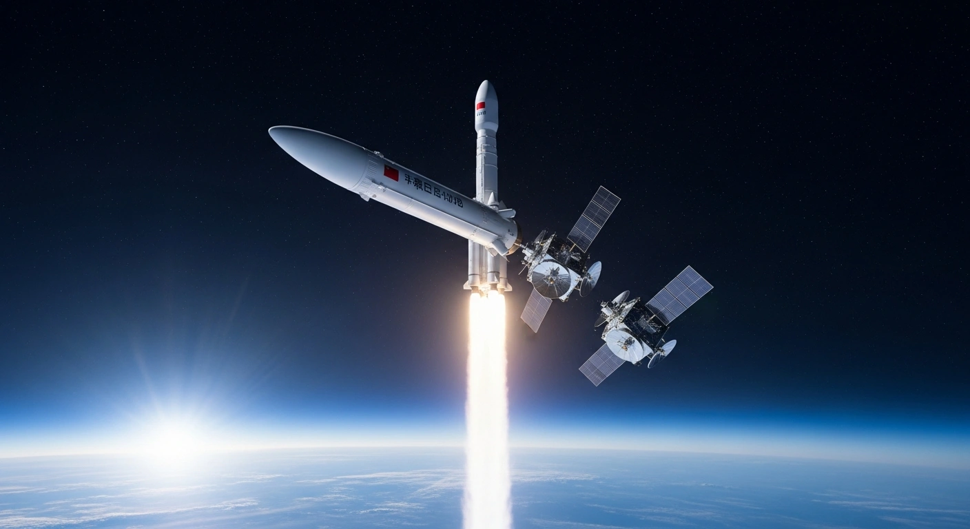 A Chinese Long March rocket launches two advanced AI-equipped satellites into orbit to enhance remote sensing capabilities.