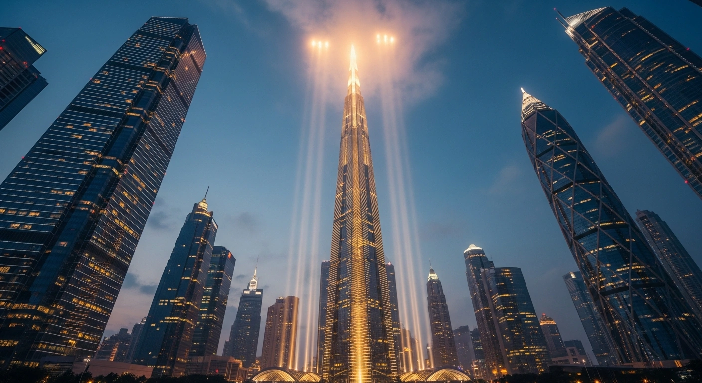 A photorealistic image depicts a futuristic Chinese cityscape at twilight, showcasing towering, intricately lit skyscrapers and a colossal central structure radiating golden light, symbolizing China's significant lead in the global patent race with 1.8 million applications, nearly half of the worldwide total, surpassing the United States in intellectual property dominance.