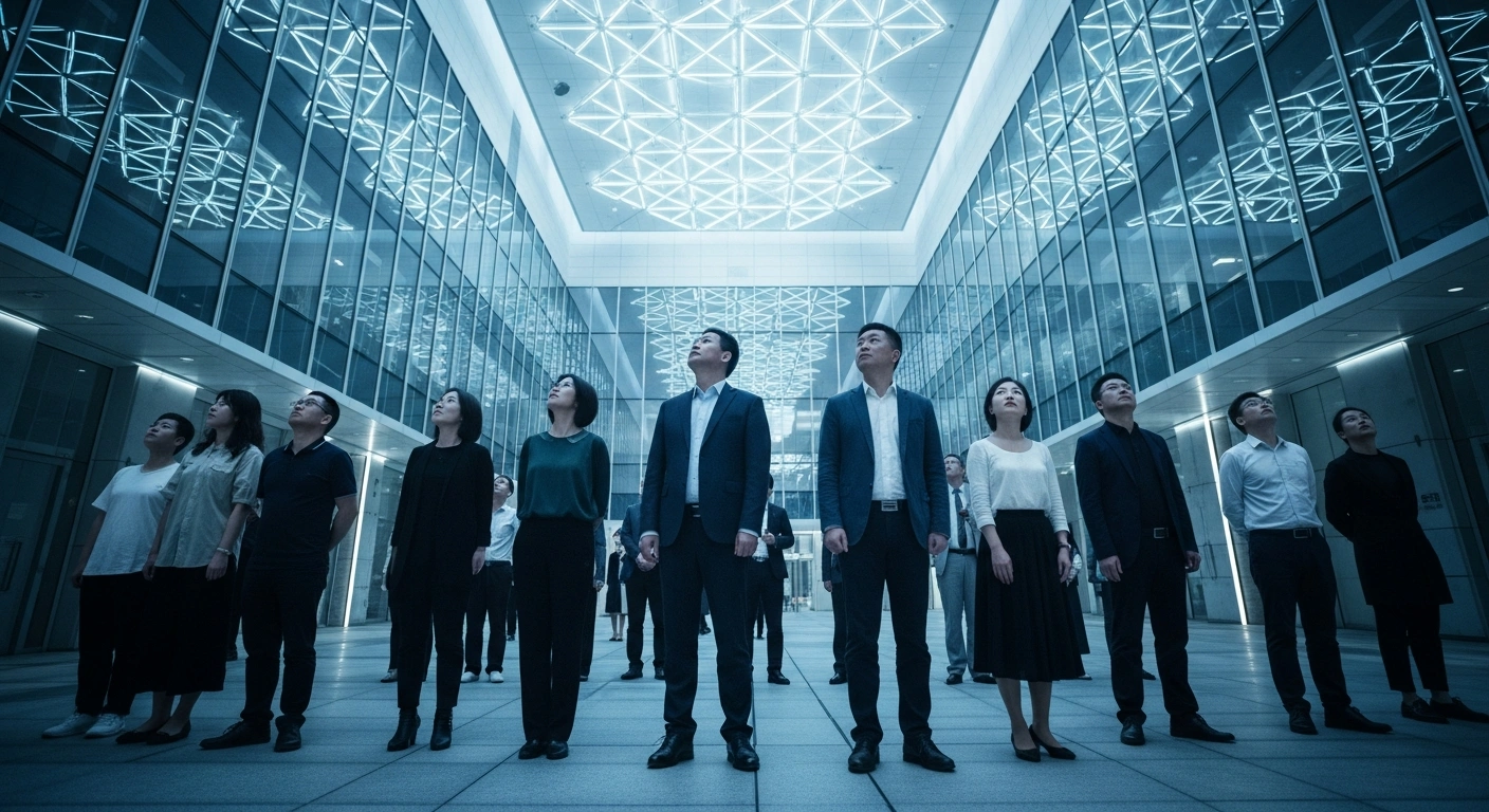 A diverse group of Chinese citizens stands in a modern urban plaza, representing the implementation of a new national plan to enhance public legal literacy and the rule of law.