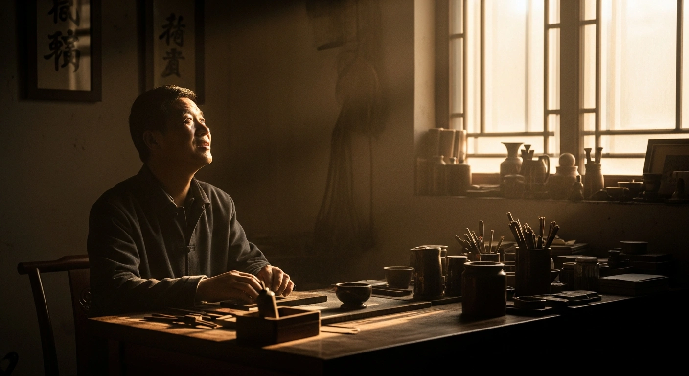 A Chinese craftsman in a traditional workshop looks up with a hopeful expression, illuminated by warm, golden light, symbolizing the invigorated private consumption and investment from China's 500 billion yuan state-backed loan guarantee program for small and medium-sized enterprises.