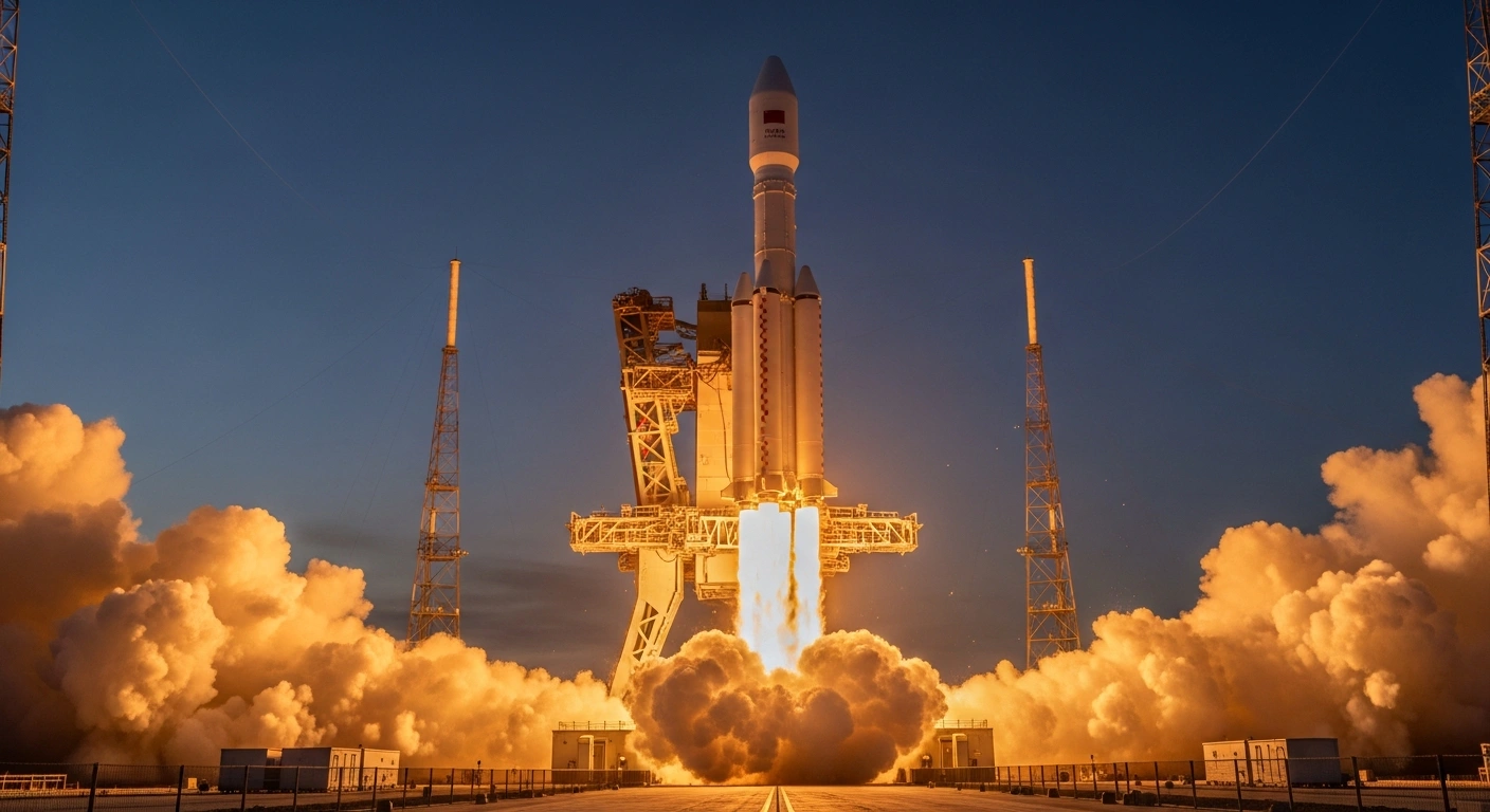 A powerful, low-angle view of China's Long March-10 rocket undergoing a static fire test at the Wenchang Spacecraft Launch Site, with its propulsion systems emitting a fiery orange plume against a twilight sky, symbolizing China's intensified efforts for a crewed moon landing by 2030.