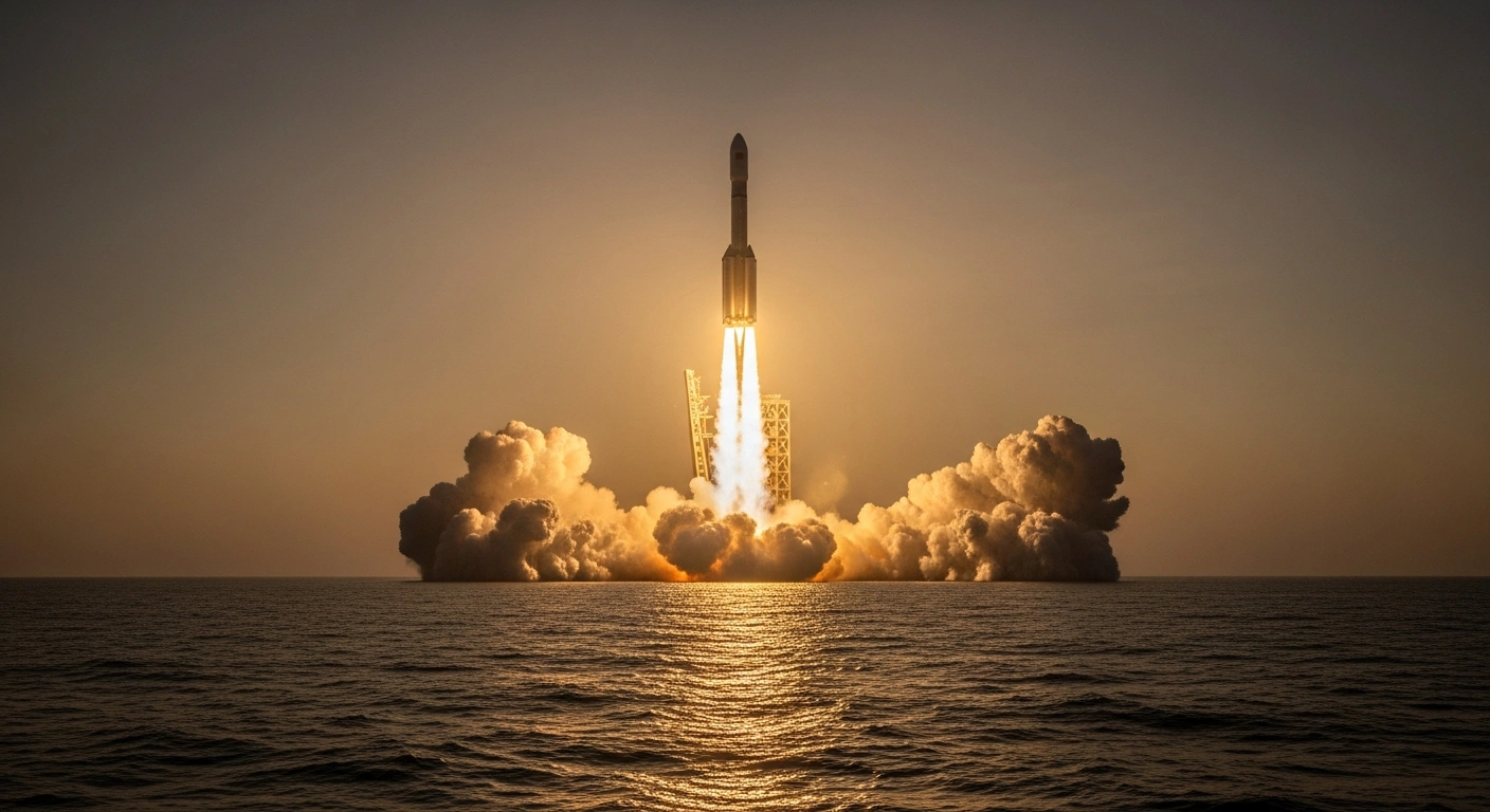 A Long March 11 rocket, launched by China's Taiyuan Satellite Launch Center from waters off Haiyang, Shandong, ascends powerfully into the pre-dawn sky with a fiery plume, carrying three Shiyan 32 test satellites for experiments in space-based technologies.