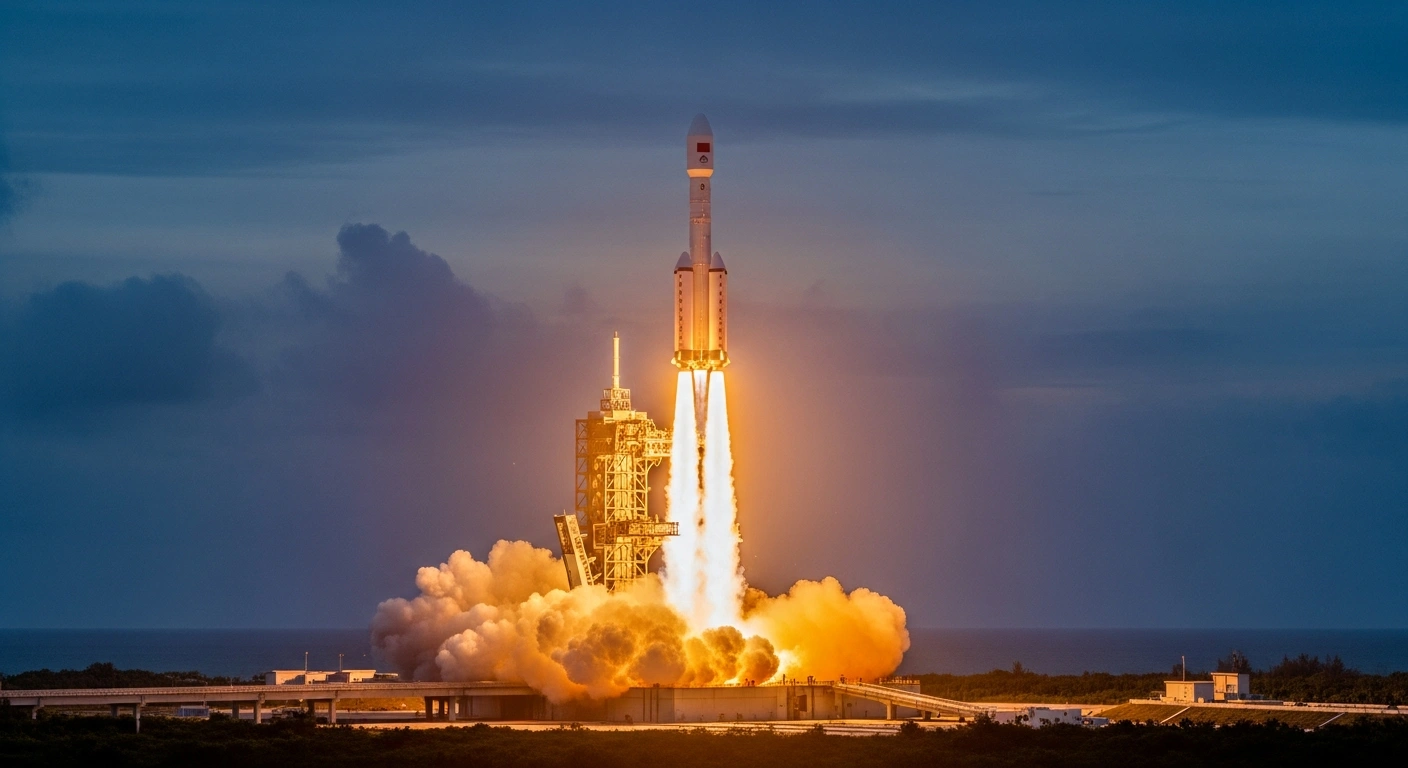 A Long March-8 carrier rocket launches from the Wenchang Spacecraft Launch Site in Hainan to deploy satellites for the Qianfan Constellation.