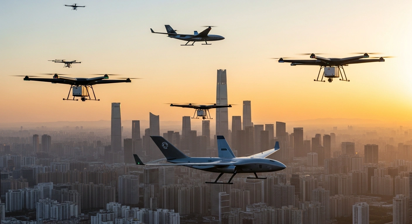 A wide, cinematic view of a futuristic Chinese city at dawn, showcasing numerous sleek electric vertical takeoff and landing (eVTOL) aircraft and uncrewed delivery drones navigating complex urban air corridors, representing China's rapidly advancing low-altitude economy and its applications in logistics and transportation.